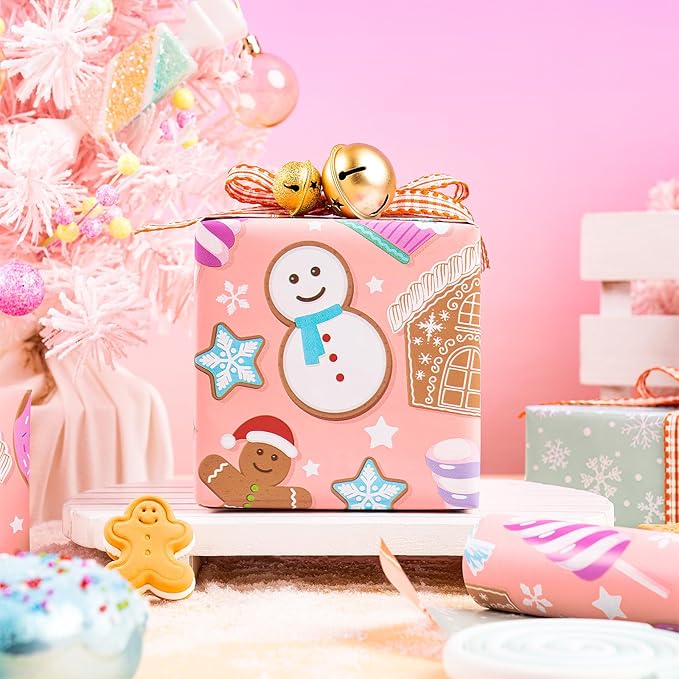 RUSPEPA Christmas Reversible Wrapping Paper Roll for Kids, Mini Roll, Gingerbread, Donut, Candy Cane Design and Light Green Snowflake, Ideal for Holiday Gifts and Christmas, 17 Inches x 16.4 Feet