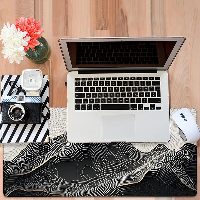 Gaming Desk Pad Large Extra Length Abstract Lines Mouse Pad Keyboard Laptop Non-Slip Waterproof with Rubber Base Thick Stitched Edge Mouse Mat for Office Home 35.4 x 15.7 Inches