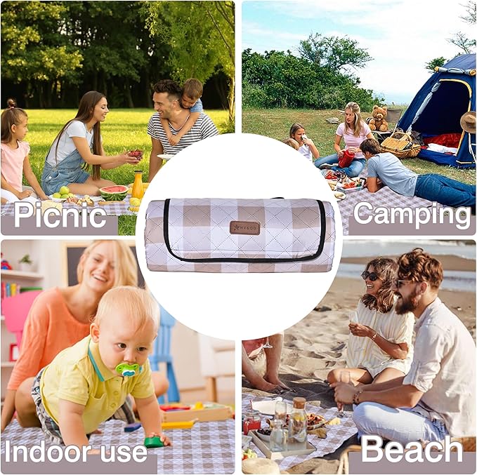 HX&OD Outdoor Picnic Blanket, Extra Large, 80''x60'' Waterproof Foldable Blankets Gingham Picnic Mat for Beach, Camping Grass Lawn Park Accessories Cute Couple Ideas Wedding (Light Brown, 80”x60”)