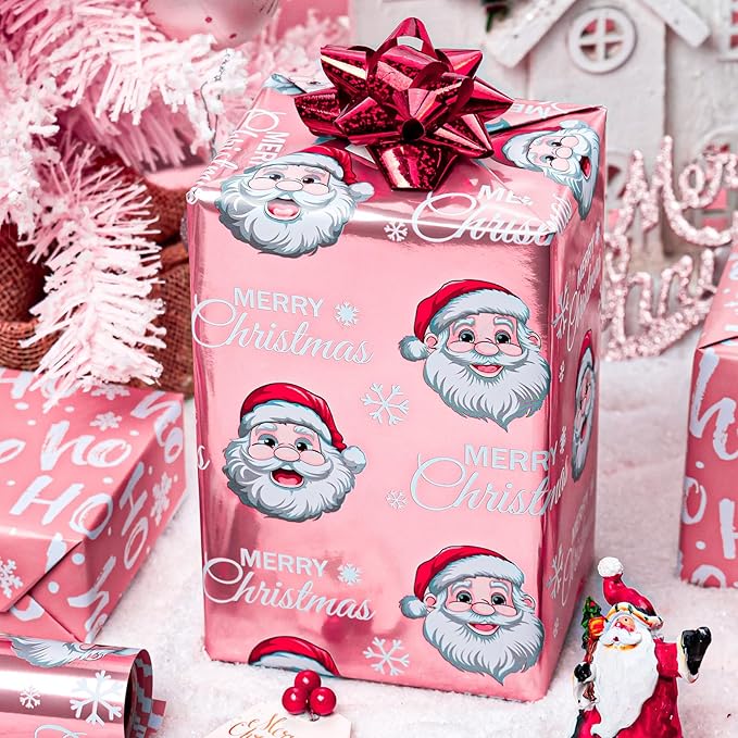 MAYPLUSS Pink Christmas Wrapping Paper Roll - 17IN X 33FT - Santa Claus Gift Wrapping Paper Featuring Merry Christmas Snowflake Reversible HO for Kids, Holiday, New Year