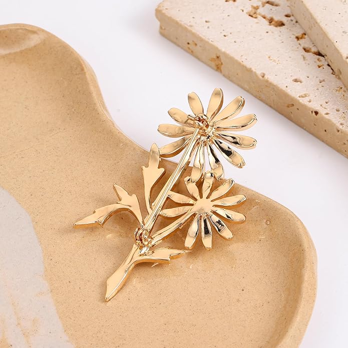 Crystal Brooch Vintage Floral Gold Pin Micro Pave Daisy/Tulip Rhinestone Embellishment for Women Holiday styles.