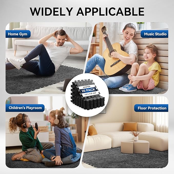 20 Pcs Sound Absorbing Interlocking Floor Mats Pads, 11" x 11" x 0.4"sound absorbing rug, Non-Slip Anti Vibration Sound Proof Puzzle Felt Padding, High Density Piano Carpet Drum Rug for Music Studio