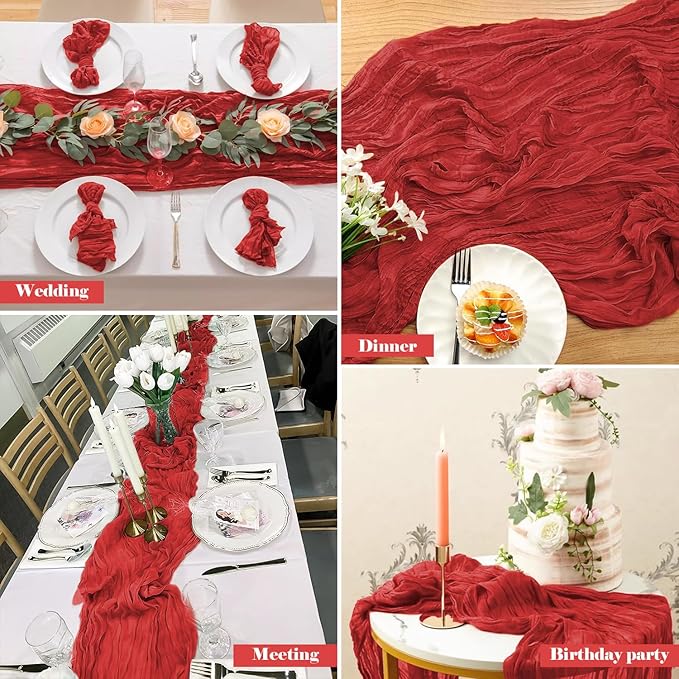 2 Pack 10 Ft Cheesecloth Table Runner Red Gauze Long Table Runners Boho Gauze Cheese Cloth Table Runner Rustic Sheer Runner for Wedding Party Table Decor ( 35 x 120 Inch )