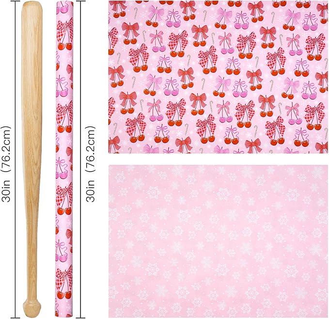 RUSPEPA 30" X 32.8' Reversible Christmas Bow Wrapping Large Paper Roll, Jumbo Roll, Pink Romantic Cherry Bow and Candy Cane Design, White Snowflake Gift Wrap Paper for Girls, Women, Kids, Holiday Gift