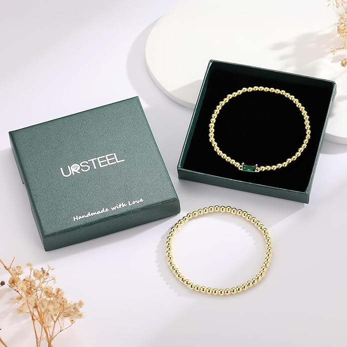Ursteel Valentines Gifts for Her Kids Girls, Elastic Birthstone Bracelet for Women 14K-Gold-Plated Beaded Bracelet Non Tarnish Trendy Birthstone Jewelry Birthday Gifts for Women