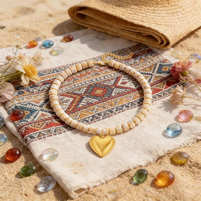 Boho Chunky Heart Necklace for Women - Resin Beaded Choker with Gold Pendant, Summer Beach Vacation Jewelry, Trendy Surfer Y2K Statement Necklace Gifts for Her