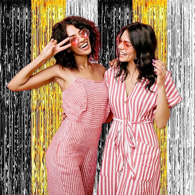3 Pack Black Gold Silver Foil Fringe Curtains Backdrop, 3.28 x 8.2 Ft Metallic Streamers Tinsel Curtains Background for Photo Booth, Birthday, Halloween, Christmas, New Year Party Decorations
