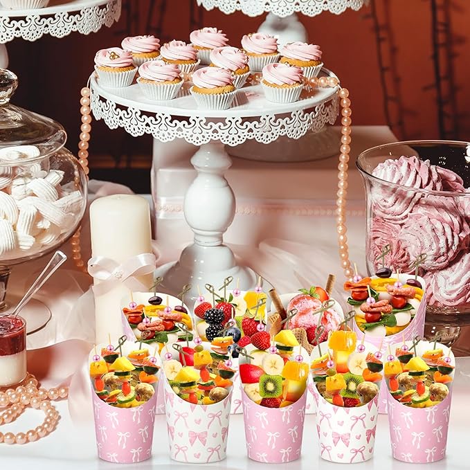 Tioncy 250 Pcs Charcuterie Cups with Cocktail Picks Sets, Bridal Shower Decoration 50 Charcuterie Cups with 200 Sticks for Wedding Baby Shower Floral Boho Witch Party Decorations (Pink,Bow)