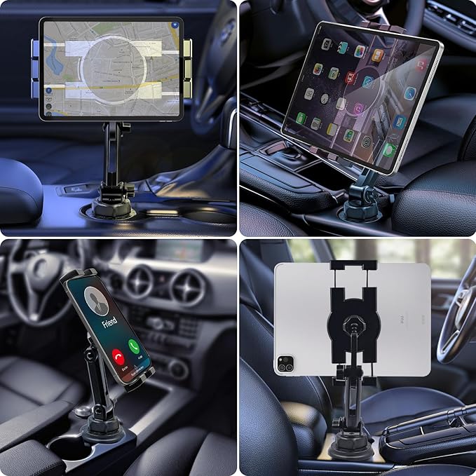 Cup Holder Car Tablet Mount, 360° Adjustable 2-Arm Stand Holder for iPad Pro 12.9/11/10.5/9.7/Air/Mini 6/5/4, Samsung Galaxy Tab/Z Fold 6/5, Amazon Fire HD, iPhone 16/15/14/Pro, 4.7-12.9" Tab & Phone