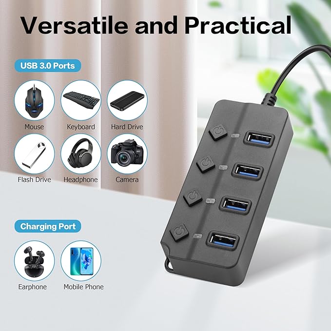 90 Degree USB Hub Splitter YACSEJAO USB 2.0 Data Hub with Individual LED Button On/Off Switch DC5.5 * 2.1 Power Port for Laptop,PC Computer (4 Ports, 1M)