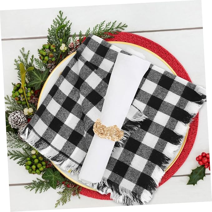 4pcs Cotton Buffalo Check Napkins with Fringe Black and White Checkered Cloth Napkins for Fall Halloween Wedding Machine Washable Rustic Farmhouse Table Decoration