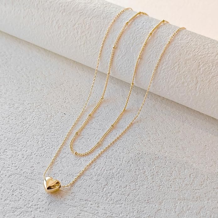 OGD Heart Necklace for Women, 14K Gold Plated Layered Tiny Puffy Heart Pendant Necklace Cute Chunky Heart Choker Necklace Simple Gold Necklace Jewelry for Women Trendy Gift