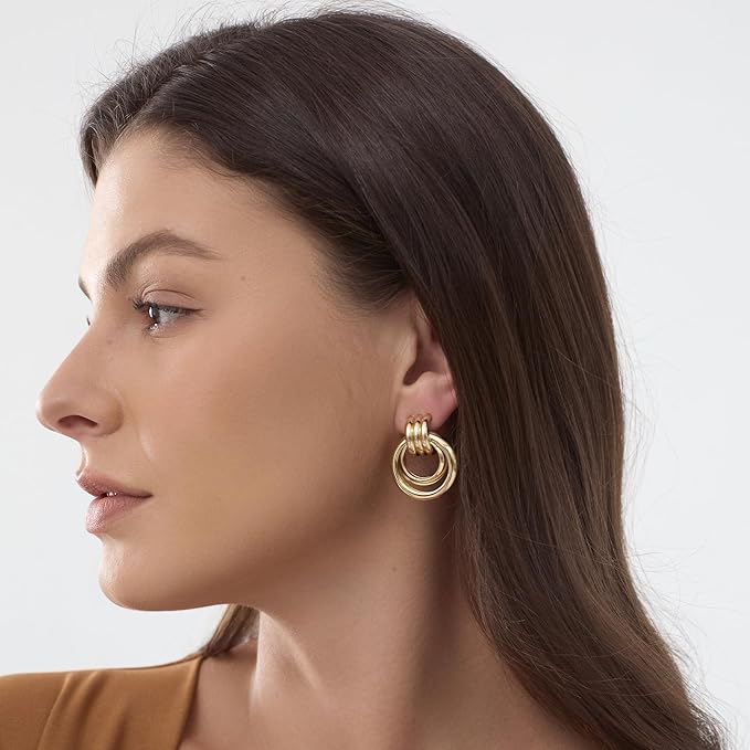 Gold-Plated Chunky Earrings, Knot Link Circle Drop Dangle Statement Studs for Women