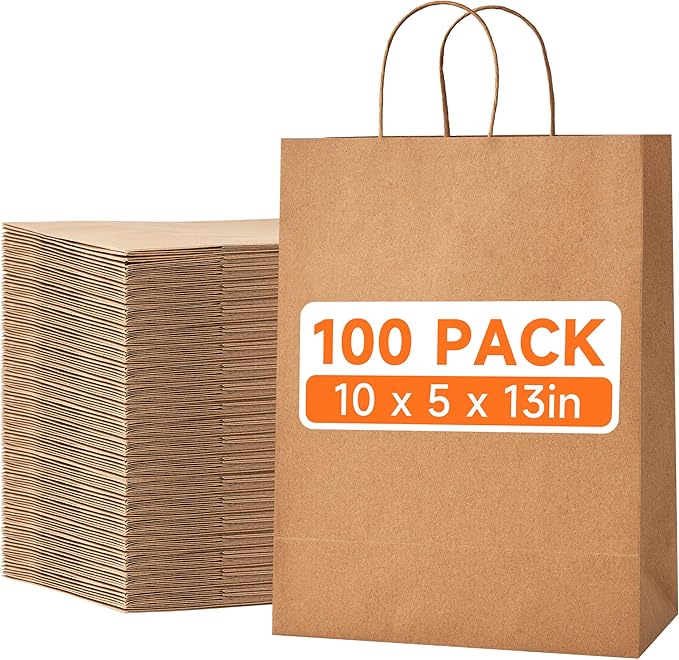 METAPRINT 100pcs Large Brown Paper Bags with Handles in Bulk, 10x5x13 Kraft Gift Bags, Recyclable Shopping Bags for Retail, Birthday, Parties & Weddings