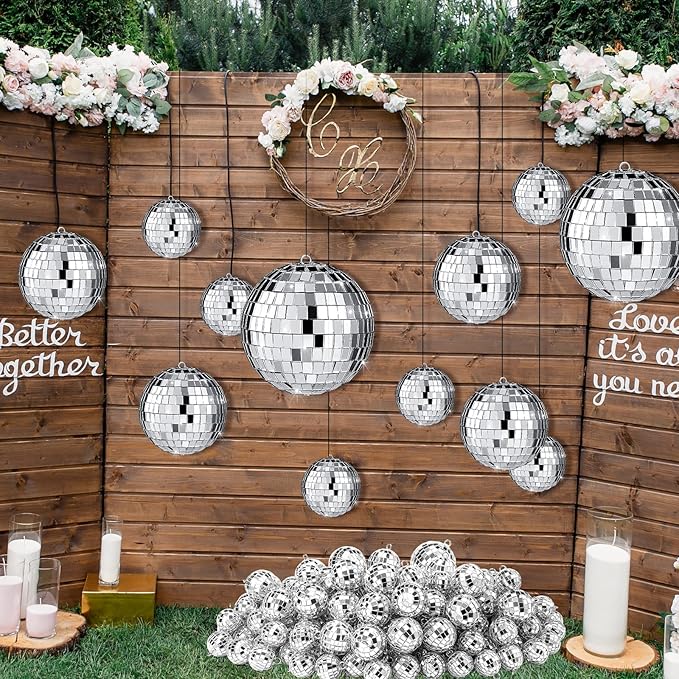 Funtery 100 Pcs Mirror Disco Balls Bulk Assorted Silver Hanging Disco Ball Decor for Home Wedding Birthday Dance Music 70 S Theme Party Christmas Tree Ornaments(1.2'', 2'', 3.2'', 4'')