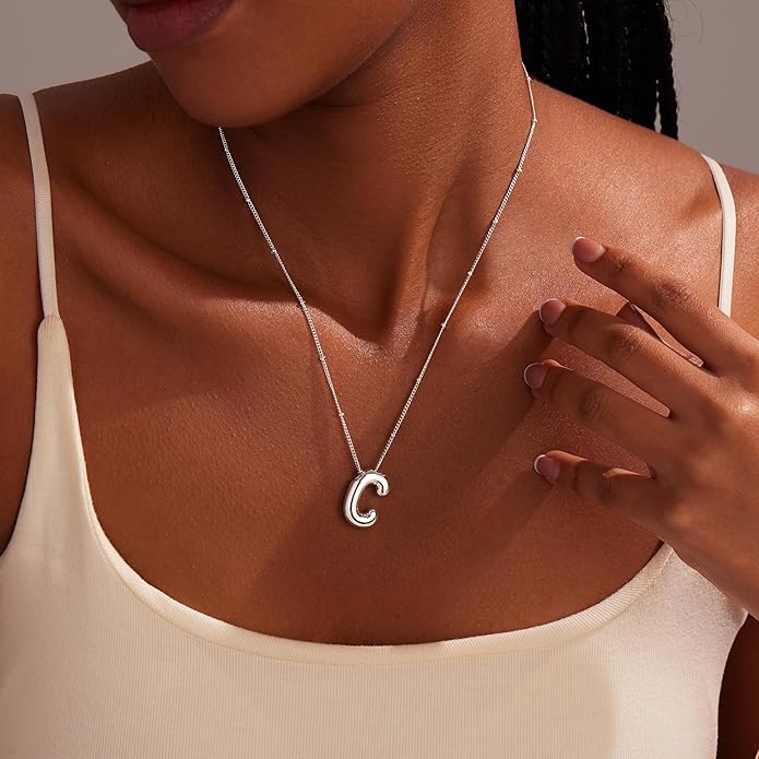 Inerney Valentines Day Gifts Gold Bubble Letter Necklace Initial Necklaces for Women, Chunky 14K Plated Balloon Initials, Trendy Charm Non Tarnish Custom Name Pendant Jewelry Gifts for Mom