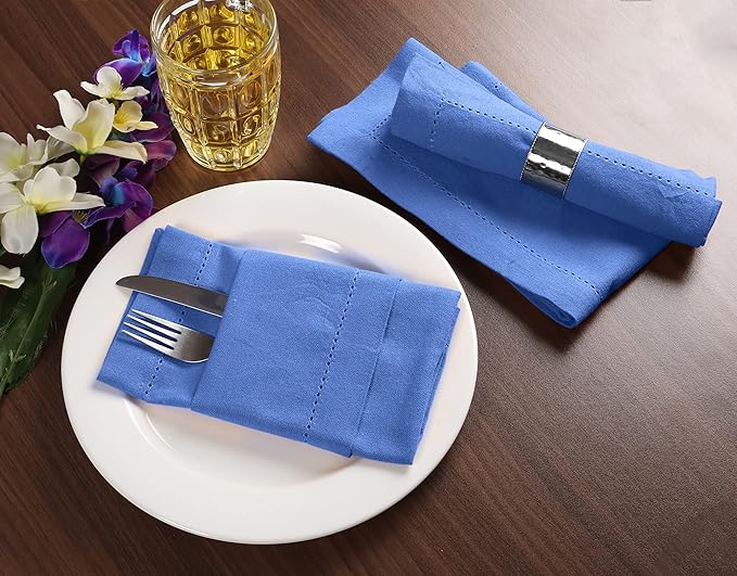Palisa Cloth Dinner Napkins with Hemstitched Detailing & Mitered Corners Set of 4 (18x18 Inches) Light Blue - Cotton Reusable Dinner Napkins - Perfect for Weddings & Everyday Use