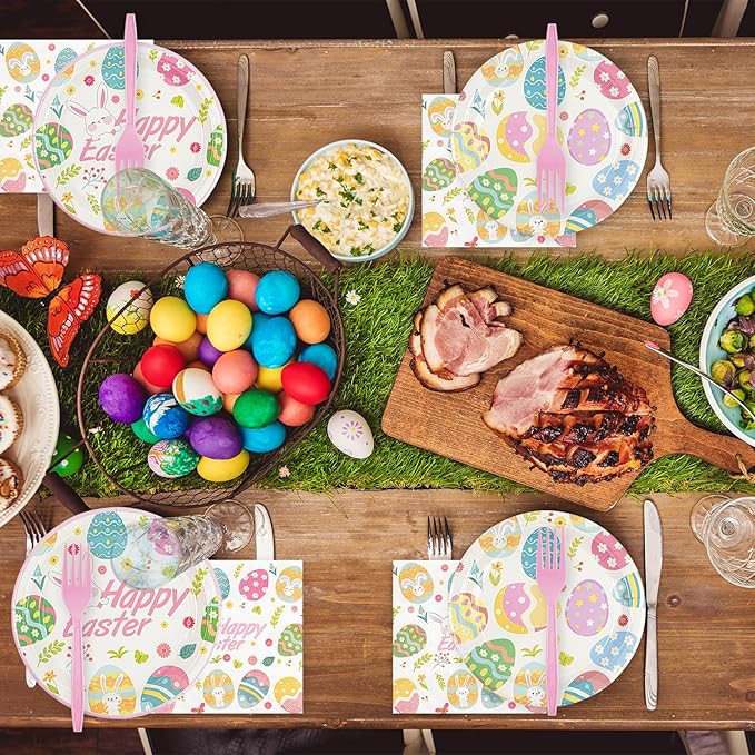 96Pcs Easter Paper Plates and Napkins - Easter Eggs Themed Tableware Set Include 7 & 9Inch Paper Plates Napkins Forks Disposable Decoration Supplies for Kid's Birthday Party, Serve 24