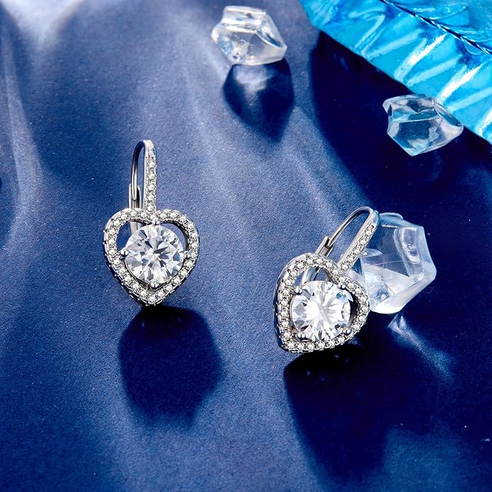 Moissanite Earrings, White Gold Plated Soild Sterling Silver Dangle Earrings 1.0ct-2.0ct D Color Brilliant Round Cut Lab Created Moissanite French Leverback Drop Earring for Women