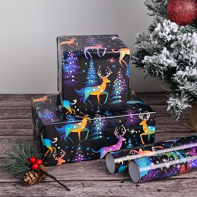 Vnaaem Chrismas Wrapping Paper Roll for Boys Kids Girls - Cute Rainbow Xmas Gift Wrap with Reindeer Trees Design for Holiday Winter Birthday DIY Craft Party(Total 28.5sq.ft)