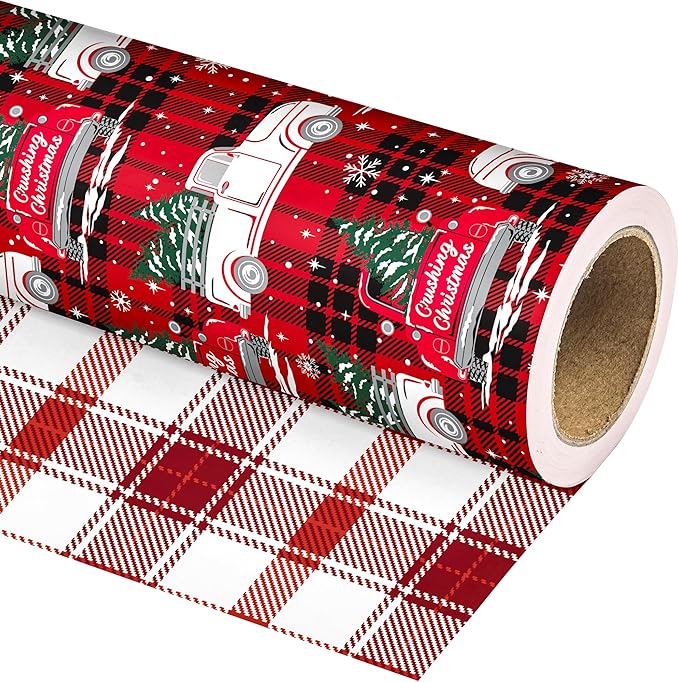 Vnaaem Funny Christmas Wrapping Paper Roll for Adult Men Women - Red Black Buffalo Plaid Xmas Truck Crushing Christmas Gift Wrap Sheets for Holiday, Baby Shower, Party Supplies(Total 28.5sq.ft)