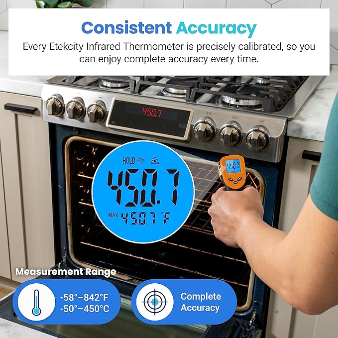 Etekcity Infrared Temperature Thermometer Gun, Laser Food Temp Gun for Pizza Oven, Griddle, Grill, Meat, Candy, Vehicle's Engine, Surface Temp Reader -58°F to 842°F, Orange