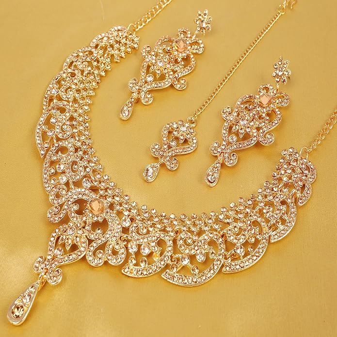 Touchstone Indian jewelry set for women bollywood gold jewellery wedding outfits necklace sets earrings bridal maang tikka fancy costume girls big desi accessories rhinestone in gold or silver tone
