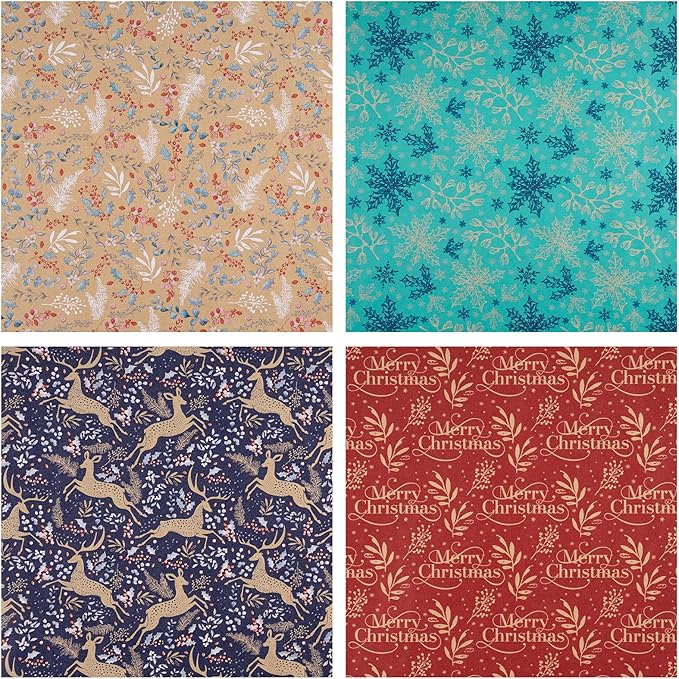 RUSPEPA Christmas Kraft Wrapping Paper - Reindeer, Berry Leaf and Text Design - 4 Rolls - 30 inches x 10 feet per Roll