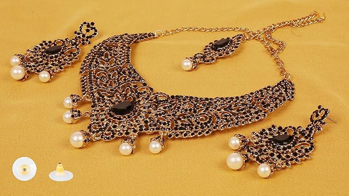 Touchstone Indian jewelry sets for women tikka wedding necklace costume guest statement bollywood rhinestones crystal faux pearls gold big royal neck piece set bridal fashion accessories