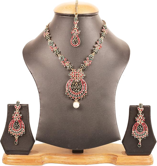 Touchstone Indian jewelry sets for women maang tikka wedding guest gold necklace bollywood jewellery set pageant elegant prom bride accessories western crystal chunky rhinestone necklaces