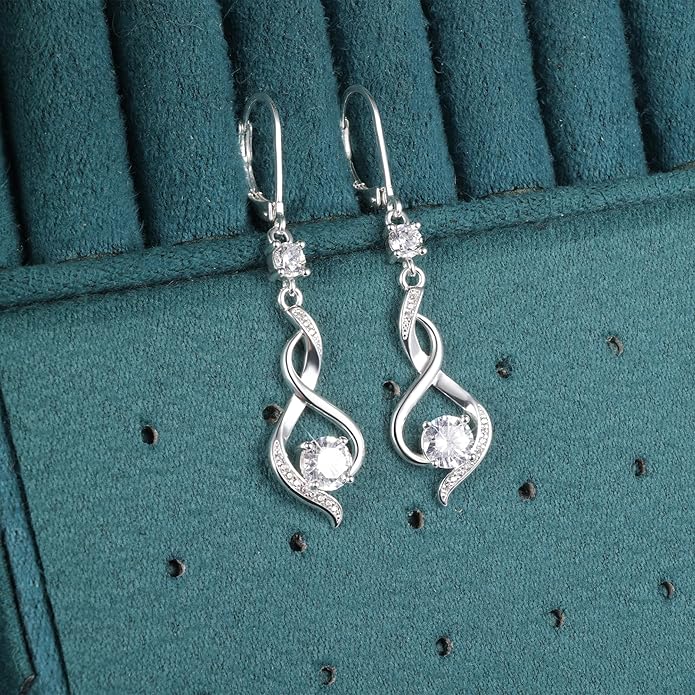 Sterling Silver Dangle Earrings for Women Trendy Hypoallergenic Leverback Silver Drop Earrings with Cubic Zirconia Double Twisted Infinity Heart Ball Charm Dangle Drop Earring Jewelry