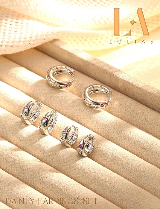 14K Gold Plated Hoop Earrings Set for Women - 3Pairs Chunky 14K Gold Plated Silver Huggie Earrings Small Earrings Lightweight Hypoallergenic MultiColored CZ Hoop Earrings Stacks for Multiple Piercing