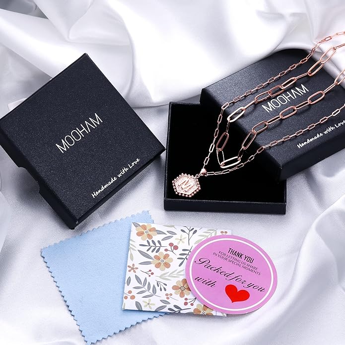 M MOOHAM Valentines Gifts for Women Teen Girls, 14K-Gold-Plated Initial Necklaces for Women Cute Hexagon Letter Initial Necklace Layered Necklaces for Womens Teen Girl Valentines Jewelry Gifts