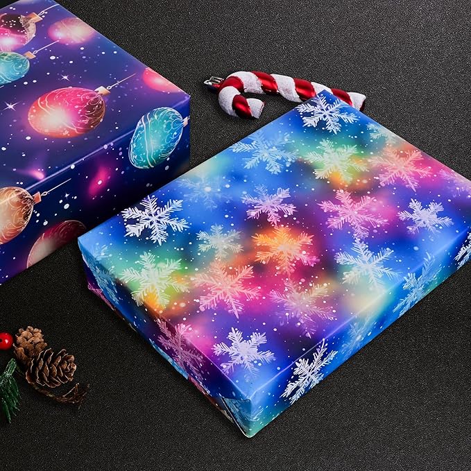 Vnaaem Christmas Wrapping Paper for Boys Girls Kids - Colorful Rainbow Xmas Gift Wrap with Snowman Tree Ball Snowflakes Design for Holiday Winter Paty - 20 x 28Inches Per Sheet(8 Pack)