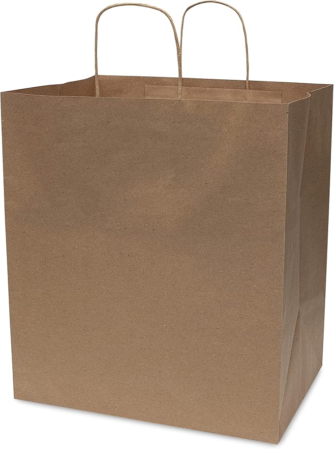 Prime Line Packaging Brown Paper Bags, Kraft Shopping Bags with Handles for Small Business, Restaurants, Takeout, Delivery, Bulk, 14x10x16.5, 50 Pack