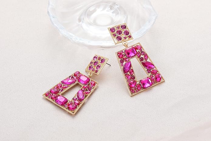 Rhinestone Rectangle Statement Earrings Colorful Crystal Geometric Drop Dangle Earrings for Women Prom Party