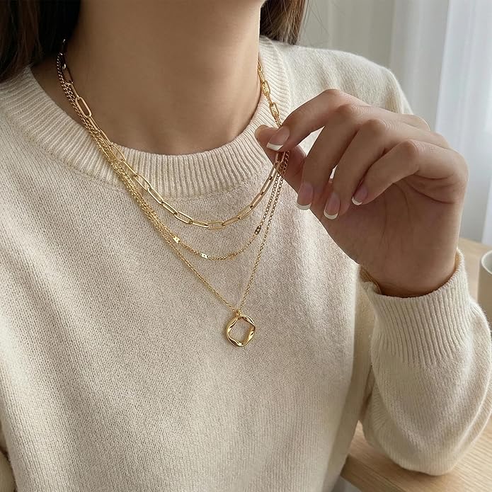 Layered Gold Necklaces for Women, Stackable Dainty 14K Gold Silver Plated Trendy Simple Heart Diamond Cross Bow Circle Pendant Paperclip Choker Dot Chain Necklace,Jewelry Set Gifts for Women