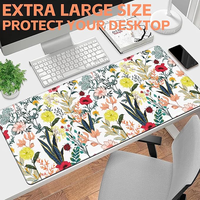 Mouse Pad Large Summer Flower Non-Slip Gaming Desk Mat with Stitched Edge Laptop Keyboard Desk Pad for Work Home Gaming (35.4 x 15.7 Inches)