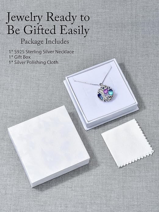 TOUPOP s925 Sterling Silver Family Celtic Tree of Life Pendant Necklaces with 2 Heart Birthstone with Blue Austrian Crystal Jewelry Birthday Valentines Day Gifts for Her, Anniversary Christmas Gifts for Wife Girlfriend Mom (18K Real White Gold Filled)