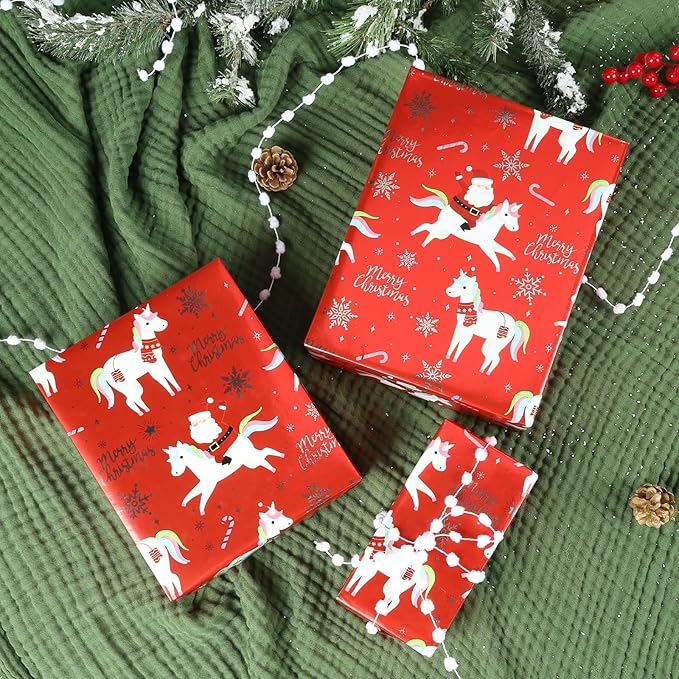LaRibbons Christmas Foil Wrapping Paper Roll, Classic Santa Unicorn Rainbow Design Gift Wrap Paper for Kids, Christmas, Season Party, Holiday, 17 Inch X 33 Feet