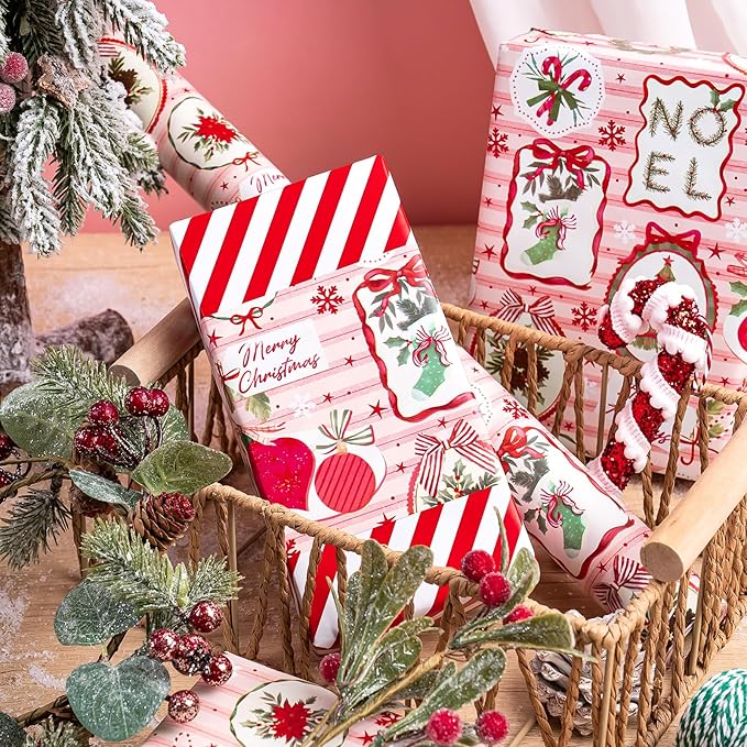 WRAPAHOLIC Reversible Christmas Wrapping Paper - Mini Roll - 17 Inch x 33 Feet - Pink & Red Classic Christmas Decor and Stripes Wrapping Paper for Xmas Holiday, Party Celebration