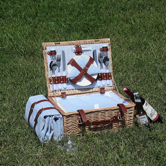 Picnic Baskets Wicker Willow Picnic Set for 4 Persons with Insulated Cooler Bag and Waterproof Picnic Blanket