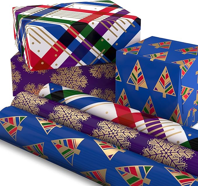 Hallmark Modern Christmas Wrapping Paper with Cutlines on Reverse (3 Rolls: 120 Sq. Ft. Total) Gold Snowflakes on Purple, Jewel-Tone Trees, Plaid Stripes