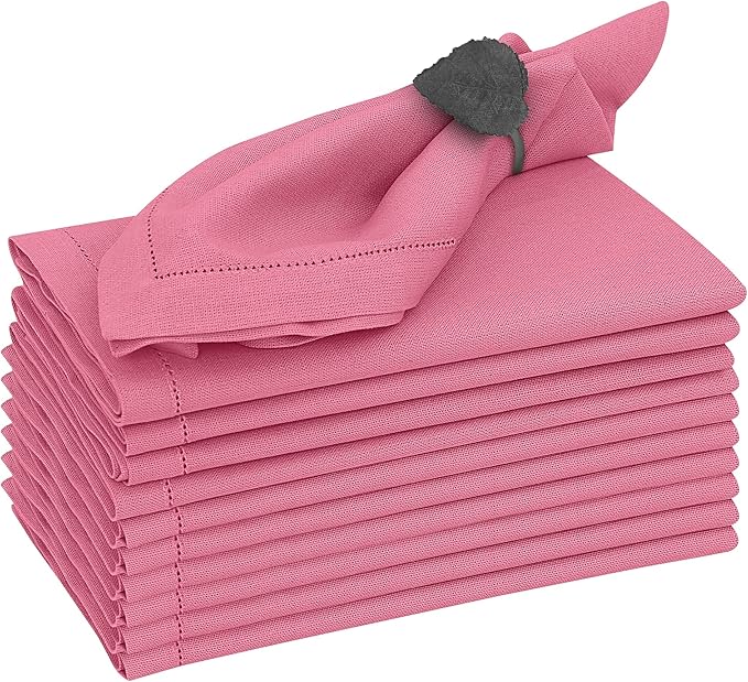 Ruvanti Premium Linen Napkins Set of 12-20x20 Inch, Classic Hemstitch, Mitered Corner Cloth Napkins - Soft, Elegant Dinner Napkins Cloth Washable for Weddings, Parties, Everyday Use - Pink