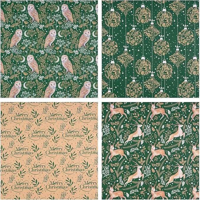 RUSPEPA Christmas Wrapping Paper Set, Jumbo Roll, 4 Rolls Green Owl Reindeer Ball Design Kraft Gift Wrap with 8 Bows, 2 Spools of Bakers Twine, 30 Stickers and 30 Gift Tags, 30 Inch x 10 Feet Per Roll