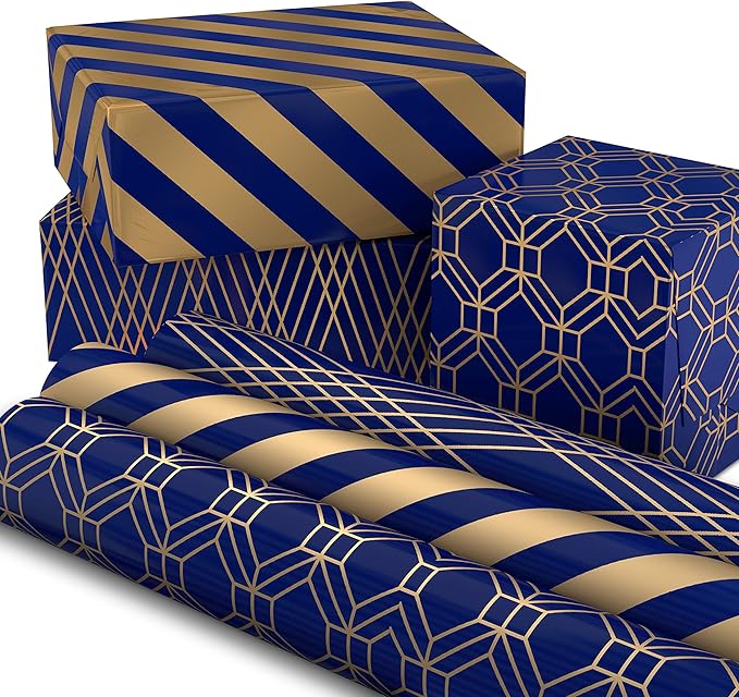 Hallmark Metallic Wrapping Paper Bundle with Cutlines on Reverse (6 Rolls: 210 Square Feet Total) Navy, Gold, Silver and White for Birthdays, Weddings, Graduations, Hanukkah, Christmas