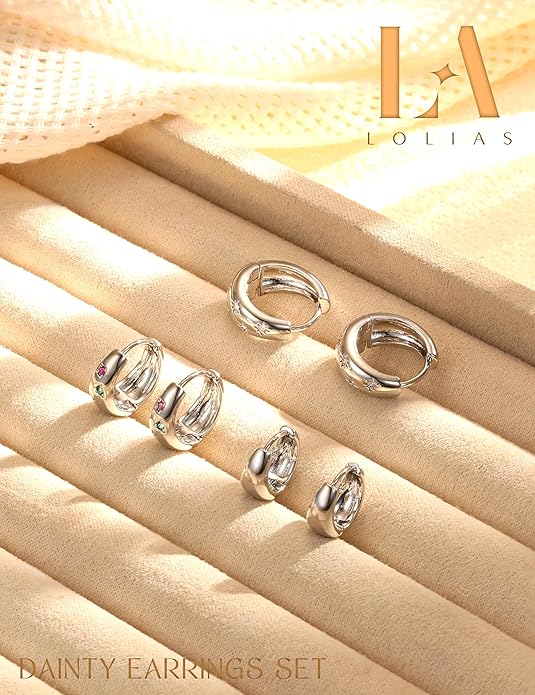 14K Gold Plated Hoop Earrings Set for Women - 3Pairs Chunky 14K Gold Plated Silver Huggie Earrings Small Earrings Lightweight Hypoallergenic MultiColored CZ Hoop Earrings Stacks for Multiple Piercing