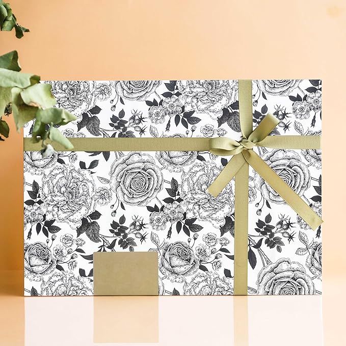 YXTII Large Roll Floral Gift Wrap Paper, White Wrapping Paper with Cut Lines for Birthday Wedding Baby Shower Holiday Party Wrapping Supplies, 17 In x 49 Feet