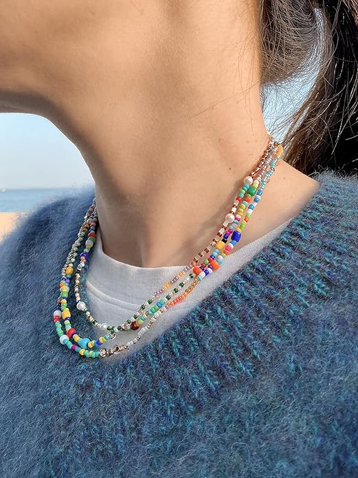 Handmade Bohemian Beaded Necklace for Women - Adjustable Layered Choker with Freshwater Pearls, Multicolor Glass Beads & 14K Gold Plated Stainless Steel, Summer Vacation Jewelry Gift