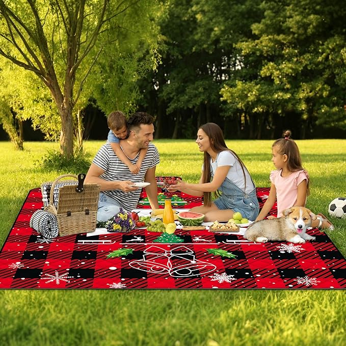 Poedist Christmas Extra Large Picnic Blanket Waterproof,80"x 80"Foldable Machine Washable Beach Blanket,Outdoor Blanket for 6-8 Adults,Suitable for Crawling,Park Beach,Camping,Hiking,Family